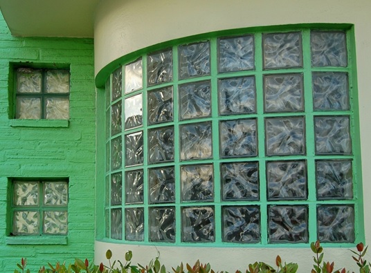 curved glass block window green house