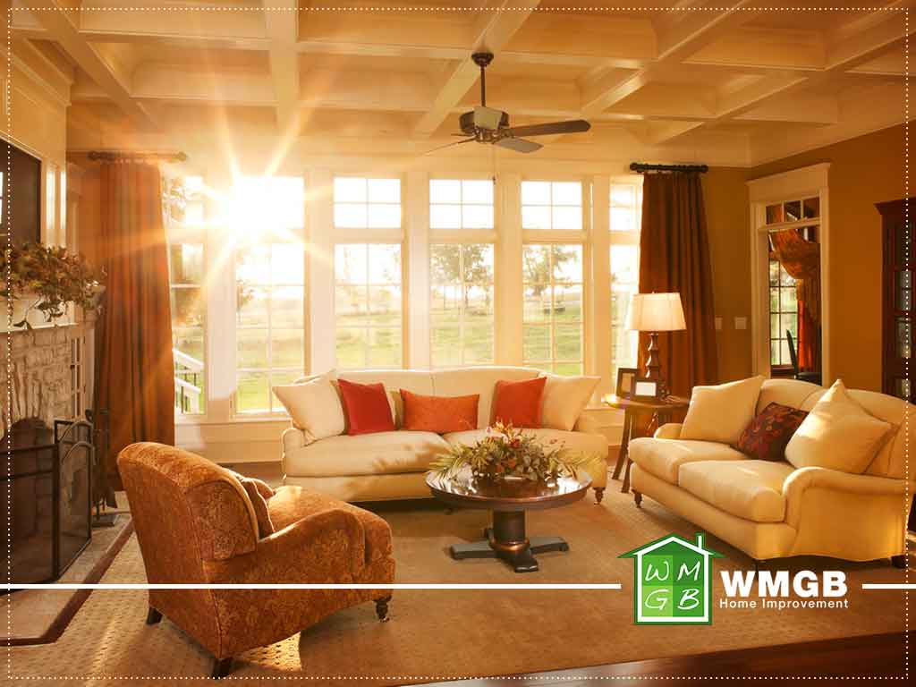 sun shining through windows into luxury living room