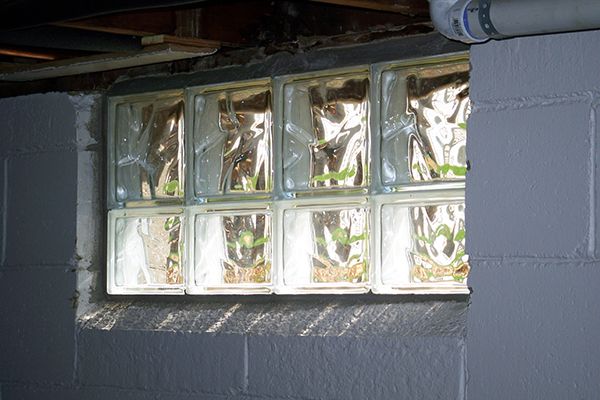 interior view of light coming through a glass block window 