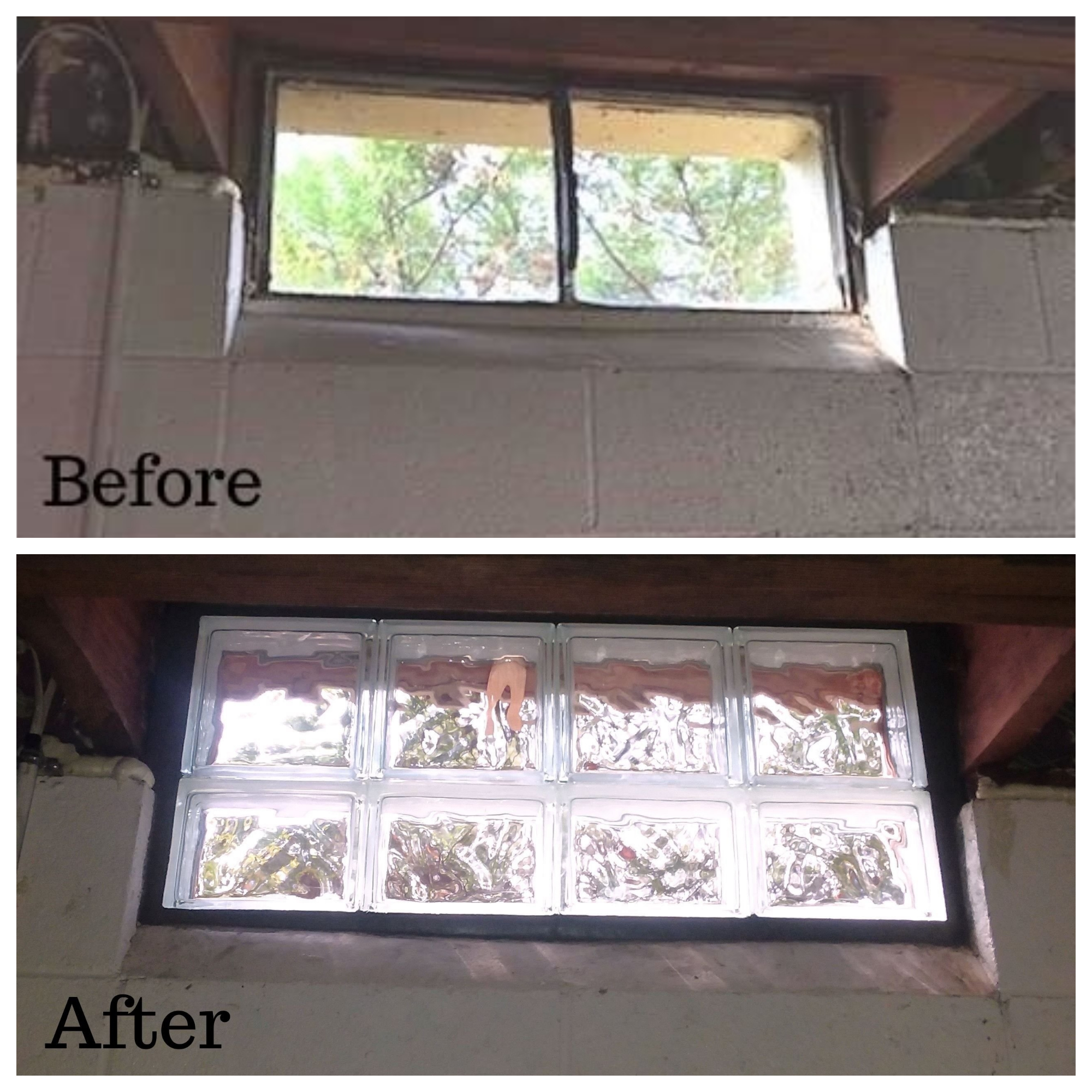 Before and After of Basement glass block window installation