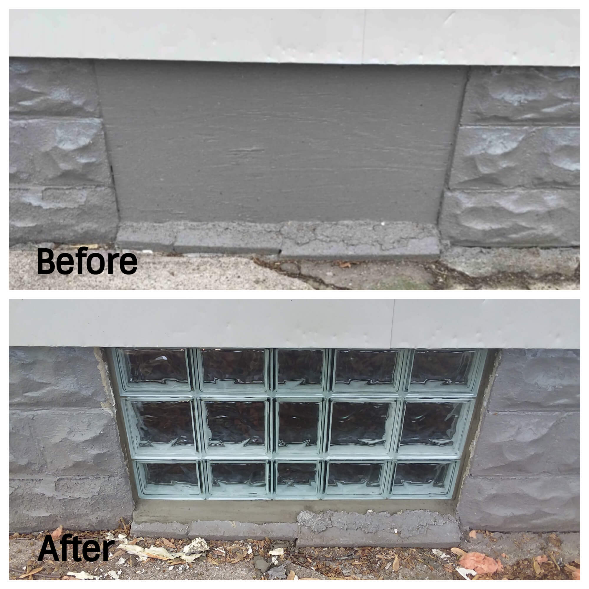 Before and After of Glass Block installation for basement