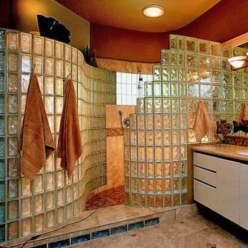 custom glass block window wall arrangement in bathroom interior