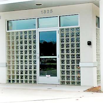 building entryway with custom glass block windows
