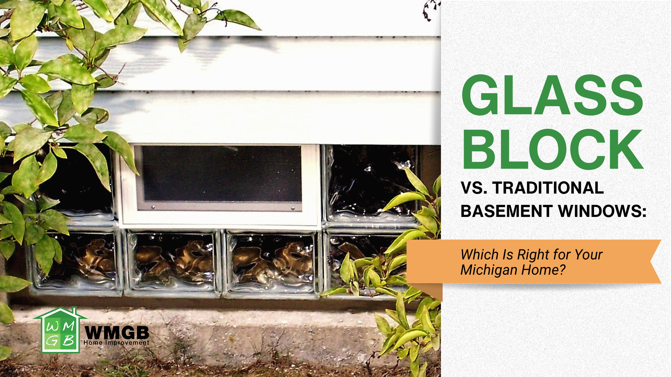 Glass block basement window with vented insert next to traditional basement window on a Michigan home.